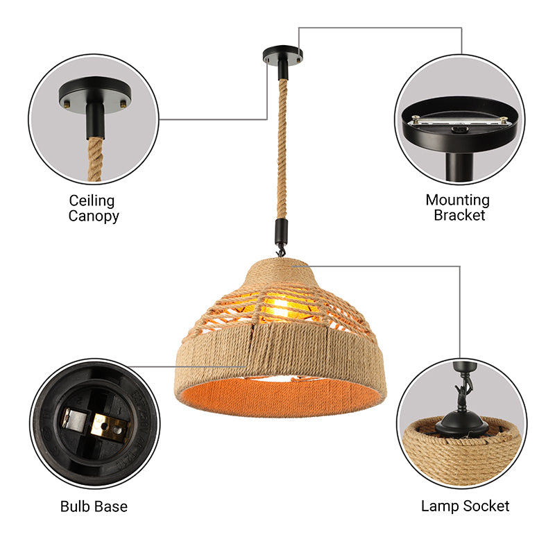 Rope Flared/Bowl Cage Shade Pendant Light Vintage Industrial 1 Head Restaurant Hanging Lamp in Beige Clearhalo 'Ceiling Lights' 'Industrial Pendants' 'Industrial' 'Middle Century Pendants' 'Pendant Lights' 'Pendants' 'Tiffany' Lighting' 185199