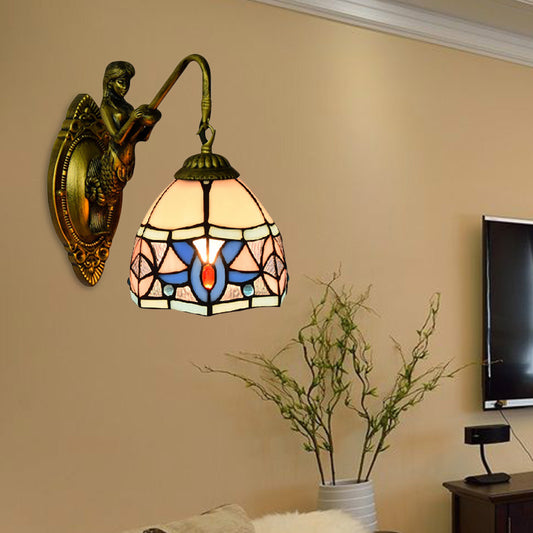 Tiffany Bowl Wall Light Fixture Beige Glass 1 Head Hallway Sconce Light with Mermaid Decoration Beige Clearhalo 'Industrial' 'Middle century wall lights' 'Tiffany wall lights' 'Tiffany' 'Wall Lamps & Sconces' 'Wall Lights' Lighting' 185217