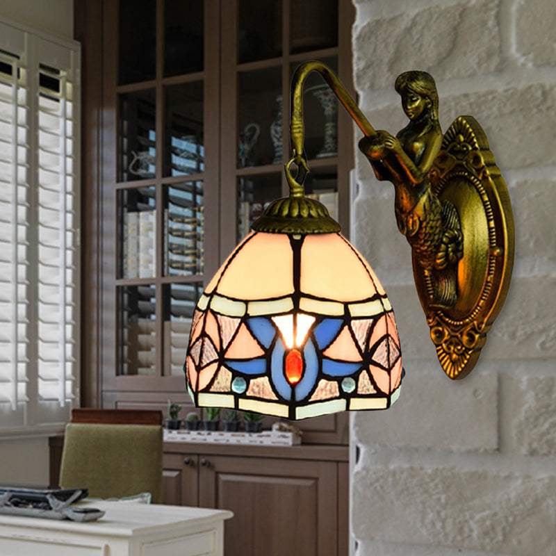 Tiffany Bowl Wall Light Fixture Beige Glass 1 Head Hallway Sconce Light with Mermaid Decoration Clearhalo 'Industrial' 'Middle century wall lights' 'Tiffany wall lights' 'Tiffany' 'Wall Lamps & Sconces' 'Wall Lights' Lighting' 185218