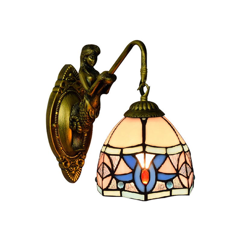 Tiffany Bowl Wall Light Fixture Beige Glass 1 Head Hallway Sconce Light with Mermaid Decoration Clearhalo 'Industrial' 'Middle century wall lights' 'Tiffany wall lights' 'Tiffany' 'Wall Lamps & Sconces' 'Wall Lights' Lighting' 185219
