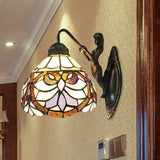 Victorian Dome Wall Light Fixture 1 Head Beige Glass Sconce Light with Flower Pattern Clearhalo 'Industrial' 'Middle century wall lights' 'Tiffany wall lights' 'Tiffany' 'Wall Lamps & Sconces' 'Wall Lights' Lighting' 185227