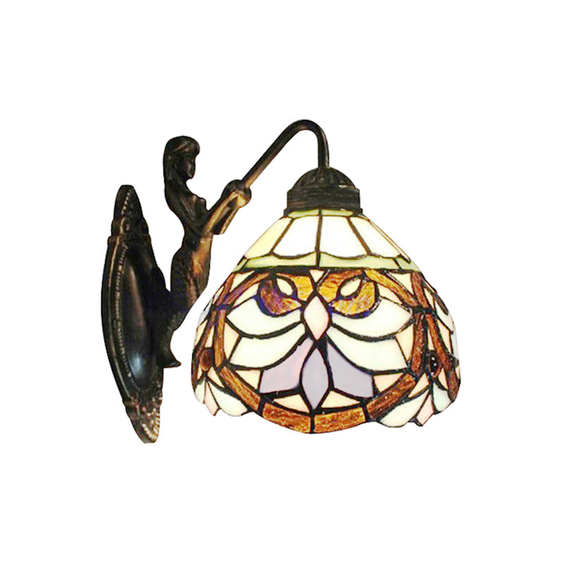 Victorian Dome Wall Light Fixture 1 Head Beige Glass Sconce Light with Flower Pattern Clearhalo 'Industrial' 'Middle century wall lights' 'Tiffany wall lights' 'Tiffany' 'Wall Lamps & Sconces' 'Wall Lights' Lighting' 185228