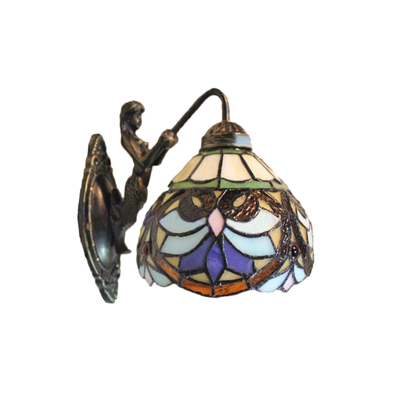 Victorian Dome Wall Light Fixture 1 Head Beige Glass Sconce Light with Flower Pattern Clearhalo 'Industrial' 'Middle century wall lights' 'Tiffany wall lights' 'Tiffany' 'Wall Lamps & Sconces' 'Wall Lights' Lighting' 185229