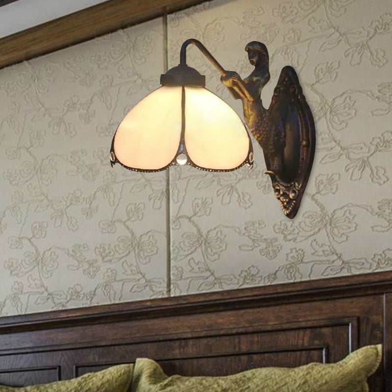 Petal Wall Light Fixture Tiffany Beige Glass 1 Head Sconce Light with Mermaid Decoration for Corridor Clearhalo 'Industrial' 'Middle century wall lights' 'Tiffany wall lights' 'Tiffany' 'Wall Lamps & Sconces' 'Wall Lights' Lighting' 185232