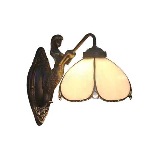 Petal Wall Light Fixture Tiffany Beige Glass 1 Head Sconce Light with Mermaid Decoration for Corridor Clearhalo 'Industrial' 'Middle century wall lights' 'Tiffany wall lights' 'Tiffany' 'Wall Lamps & Sconces' 'Wall Lights' Lighting' 185233