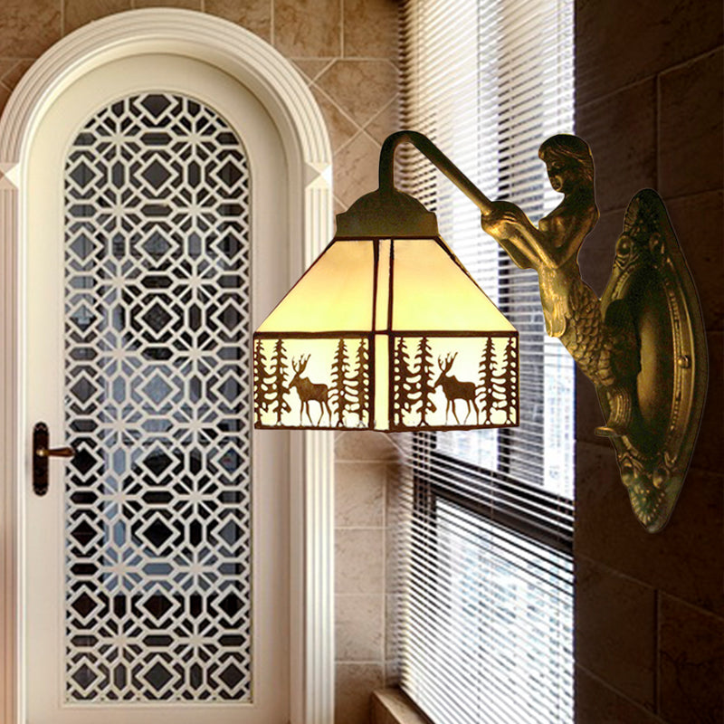 Small House Wall Mount Light Retro Stained Glass 1 Light Wall Lighting with Mermaid Decoration Clearhalo 'Industrial' 'Middle century wall lights' 'Tiffany wall lights' 'Tiffany' 'Wall Lamps & Sconces' 'Wall Lights' Lighting' 185248