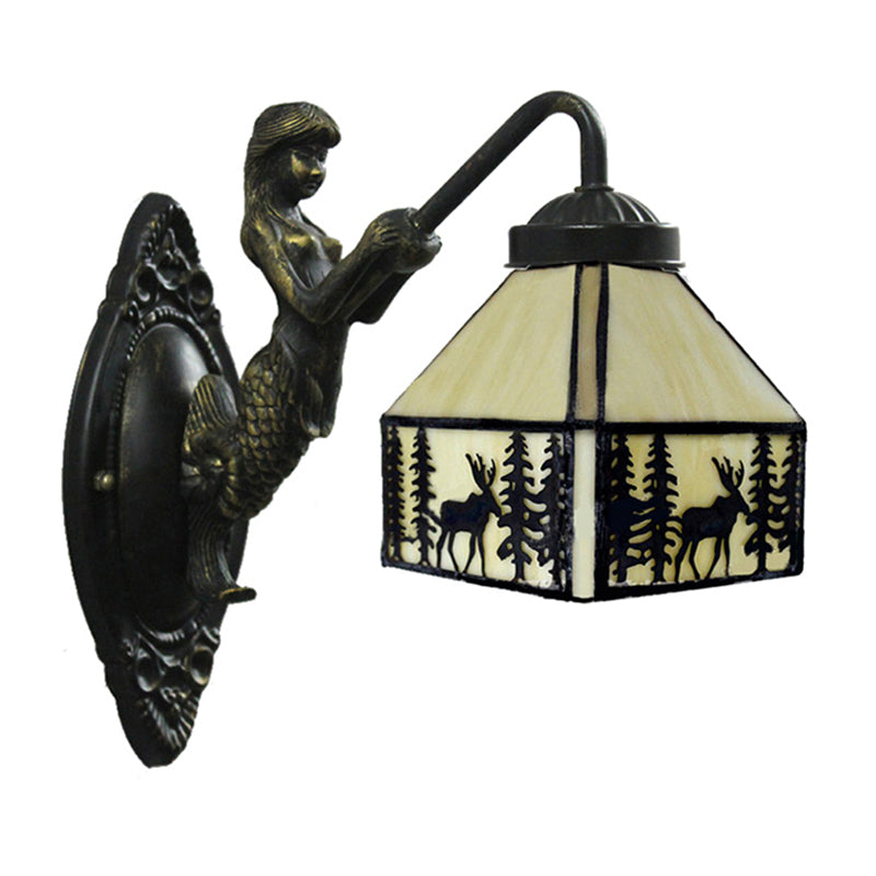 Small House Wall Mount Light Retro Stained Glass 1 Light Wall Lighting with Mermaid Decoration Clearhalo 'Industrial' 'Middle century wall lights' 'Tiffany wall lights' 'Tiffany' 'Wall Lamps & Sconces' 'Wall Lights' Lighting' 185250