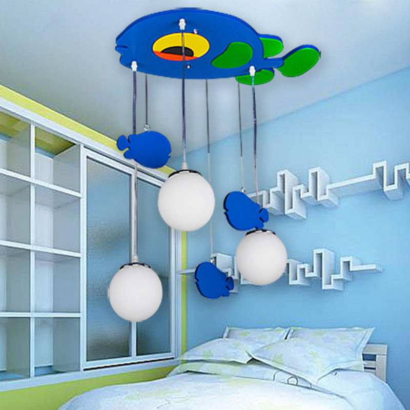 Lovely Blue Pendant Light Helicopter Wood Hanging Lamp with 3 Globe Shades for Boys Bedroom Blue Clearhalo 'Ceiling Lights' 'Close To Ceiling Lights' 'Glass shade' 'Glass' 'Pendant Lights' 'Pendants' Lighting' 185266
