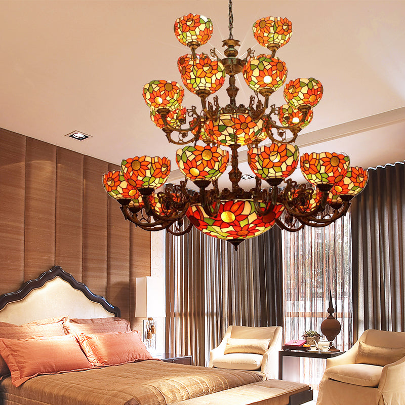 Floral Ceiling Chandelier Pendant Rustic Stained Glass Large Size 3-Tier Inverted Chandelier Orange Clearhalo 'Ceiling Lights' 'Chandeliers' Lighting' options 185372_5ebca1ec-62c9-4617-b75d-7cdf2ca5434c