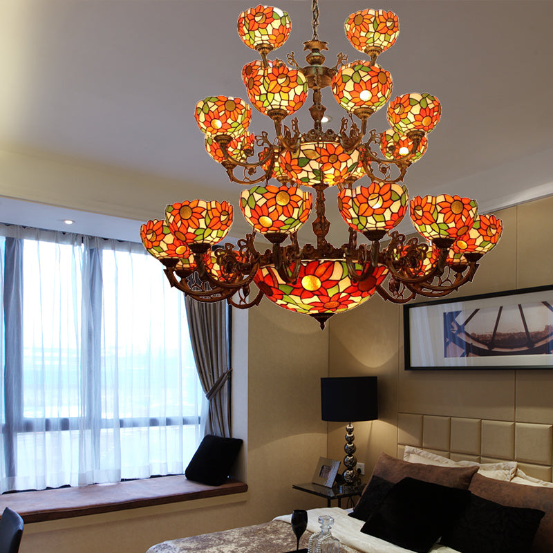 Floral Ceiling Chandelier Pendant Rustic Stained Glass Large Size 3-Tier Inverted Chandelier Clearhalo 'Ceiling Lights' 'Chandeliers' Lighting' options 185373