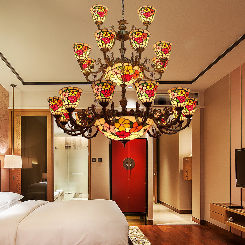 Floral Ceiling Chandelier Pendant Rustic Stained Glass Large Size 3-Tier Inverted Chandelier Clearhalo 'Ceiling Lights' 'Chandeliers' Lighting' options 185376