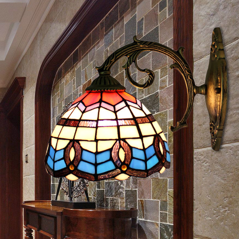 Blue Bowl Shade Wall Sconce Retro Stained Glass 1 Light Wall Mount Light Blue Clearhalo 'Industrial' 'Middle century wall lights' 'Tiffany wall lights' 'Tiffany' 'Wall Lamps & Sconces' 'Wall Lights' Lighting' 185392