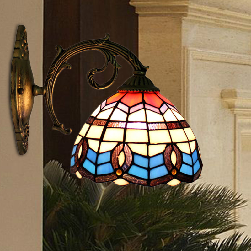 Blue Bowl Shade Wall Sconce Retro Stained Glass 1 Light Wall Mount Light Clearhalo 'Industrial' 'Middle century wall lights' 'Tiffany wall lights' 'Tiffany' 'Wall Lamps & Sconces' 'Wall Lights' Lighting' 185393