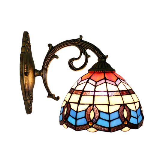 Blue Bowl Shade Wall Sconce Retro Stained Glass 1 Light Wall Mount Light Clearhalo 'Industrial' 'Middle century wall lights' 'Tiffany wall lights' 'Tiffany' 'Wall Lamps & Sconces' 'Wall Lights' Lighting' 185394