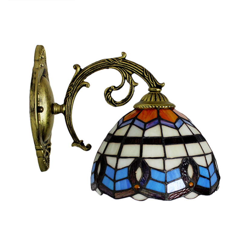 Blue Bowl Shade Wall Sconce Retro Stained Glass 1 Light Wall Mount Light Clearhalo 'Industrial' 'Middle century wall lights' 'Tiffany wall lights' 'Tiffany' 'Wall Lamps & Sconces' 'Wall Lights' Lighting' 185395