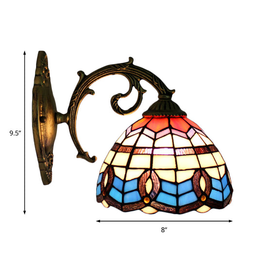 Blue Bowl Shade Wall Sconce Retro Stained Glass 1 Light Wall Mount Light Clearhalo 'Industrial' 'Middle century wall lights' 'Tiffany wall lights' 'Tiffany' 'Wall Lamps & Sconces' 'Wall Lights' Lighting' 185396