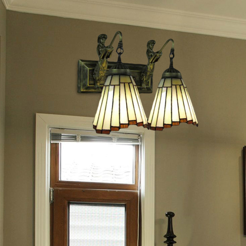 2 Heads Flared Sconce Light Tiffany Yellow Glass Wall Mounted Light Fixture with Mermaid Backplate Yellow Clearhalo 'Industrial' 'Middle century wall lights' 'Tiffany wall lights' 'Tiffany' 'Wall Lamps & Sconces' 'Wall Lights' Lighting' 185413