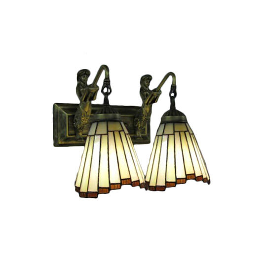 2 Heads Flared Sconce Light Tiffany Yellow Glass Wall Mounted Light Fixture with Mermaid Backplate Clearhalo 'Industrial' 'Middle century wall lights' 'Tiffany wall lights' 'Tiffany' 'Wall Lamps & Sconces' 'Wall Lights' Lighting' 185415