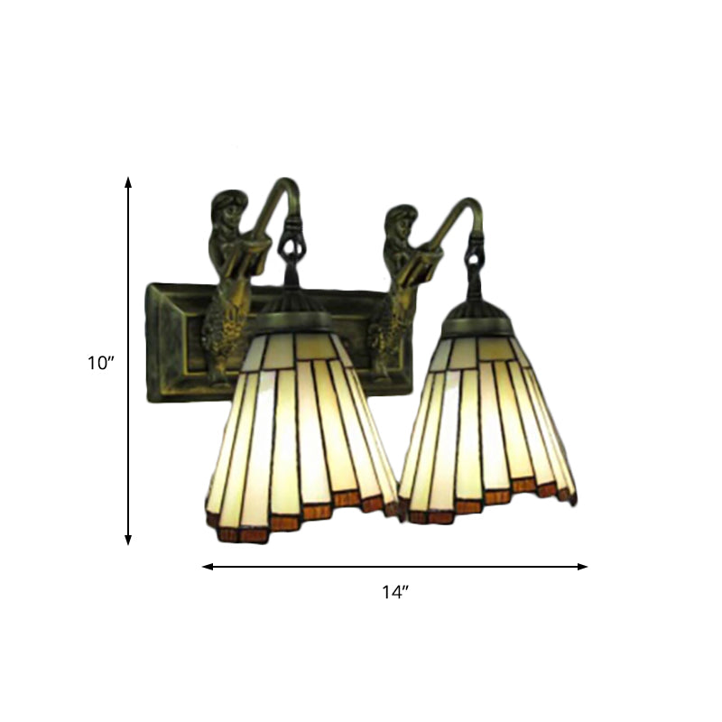 2 Heads Flared Sconce Light Tiffany Yellow Glass Wall Mounted Light Fixture with Mermaid Backplate Clearhalo 'Industrial' 'Middle century wall lights' 'Tiffany wall lights' 'Tiffany' 'Wall Lamps & Sconces' 'Wall Lights' Lighting' 185416