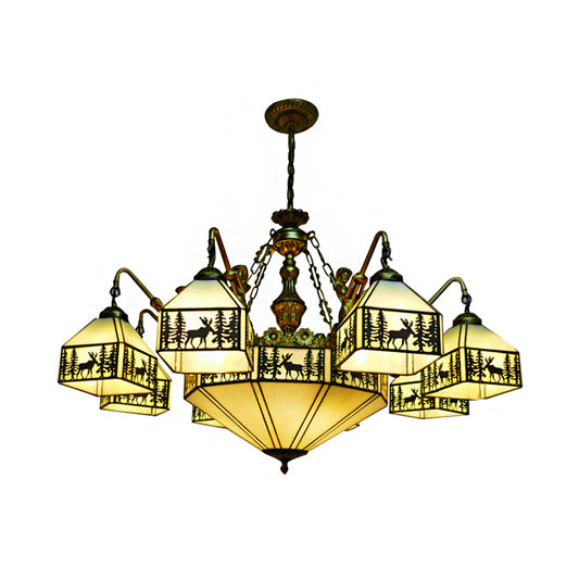 9-Light Small House Inverted Chandelier Country Stained Glass Hanging Fixture Clearhalo 'Ceiling Lights' 'Chandeliers' 'Close To Ceiling Lights' 'Industrial' 'Middle Century Chandeliers' 'Tiffany Chandeliers' 'Tiffany close to ceiling' 'Tiffany' Lighting' 185435