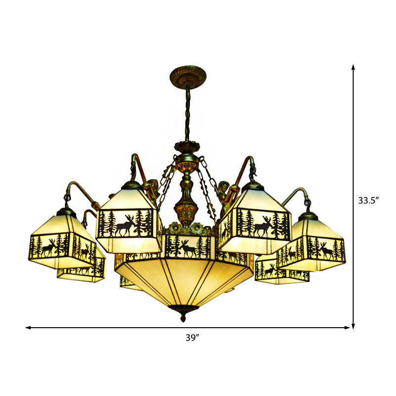9-Light Small House Inverted Chandelier Country Stained Glass Hanging Fixture Clearhalo 'Ceiling Lights' 'Chandeliers' 'Close To Ceiling Lights' 'Industrial' 'Middle Century Chandeliers' 'Tiffany Chandeliers' 'Tiffany close to ceiling' 'Tiffany' Lighting' 185436