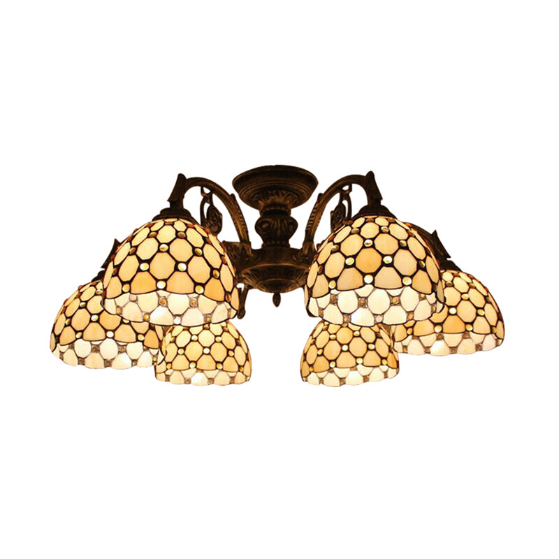 Yellow Bowl Hanging Ceiling Fixture Country Stained Glass Hanging Chandelier for Dining Room Clearhalo 'Ceiling Lights' 'Close To Ceiling Lights' 'Close to ceiling' 'Glass shade' 'Glass' 'Pendant Lights' 'Semi-flushmount' 'Tiffany close to ceiling' 'Tiffany' Lighting' 185462