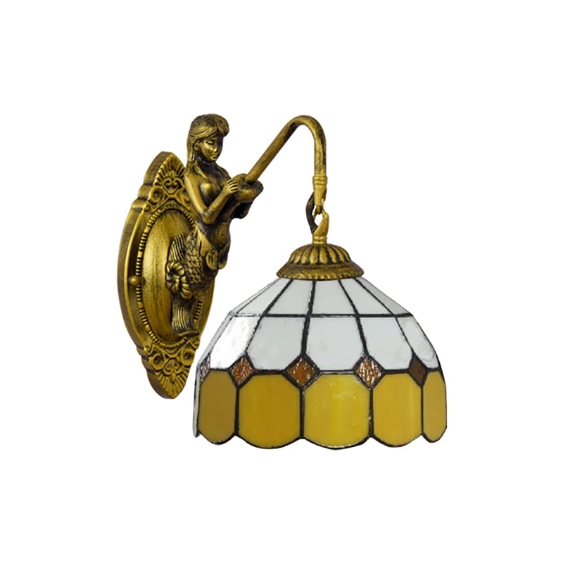 Grid Patterned Sconce Light Baroque Yellow and White Glass 1 Head Brass Wall Mount Light Clearhalo 'Industrial' 'Middle century wall lights' 'Tiffany wall lights' 'Tiffany' 'Wall Lamps & Sconces' 'Wall Lights' Lighting' 185493