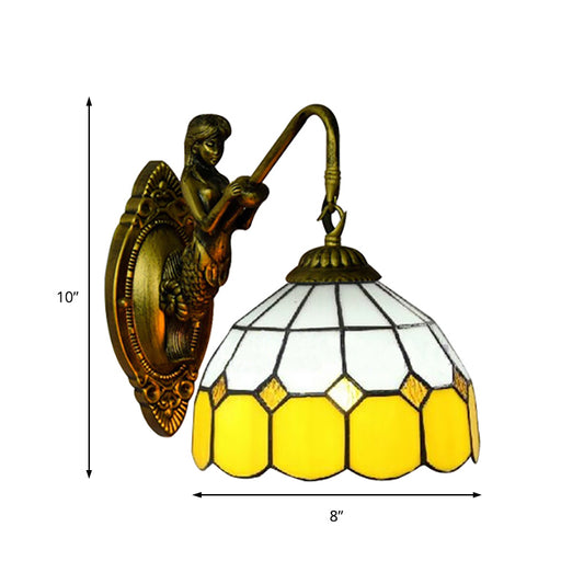 Grid Patterned Sconce Light Baroque Yellow and White Glass 1 Head Brass Wall Mount Light Clearhalo 'Industrial' 'Middle century wall lights' 'Tiffany wall lights' 'Tiffany' 'Wall Lamps & Sconces' 'Wall Lights' Lighting' 185494