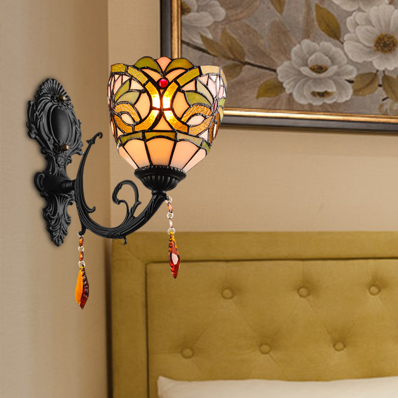 Lodge Bowl Shade Wall Sconce Lighting Fixture Stained Glass 1-Light Crystal Lighting Fixture Clearhalo 'Industrial' 'Middle century wall lights' 'Tiffany wall lights' 'Tiffany' 'Wall Lamps & Sconces' 'Wall Lights' Lighting' 185505