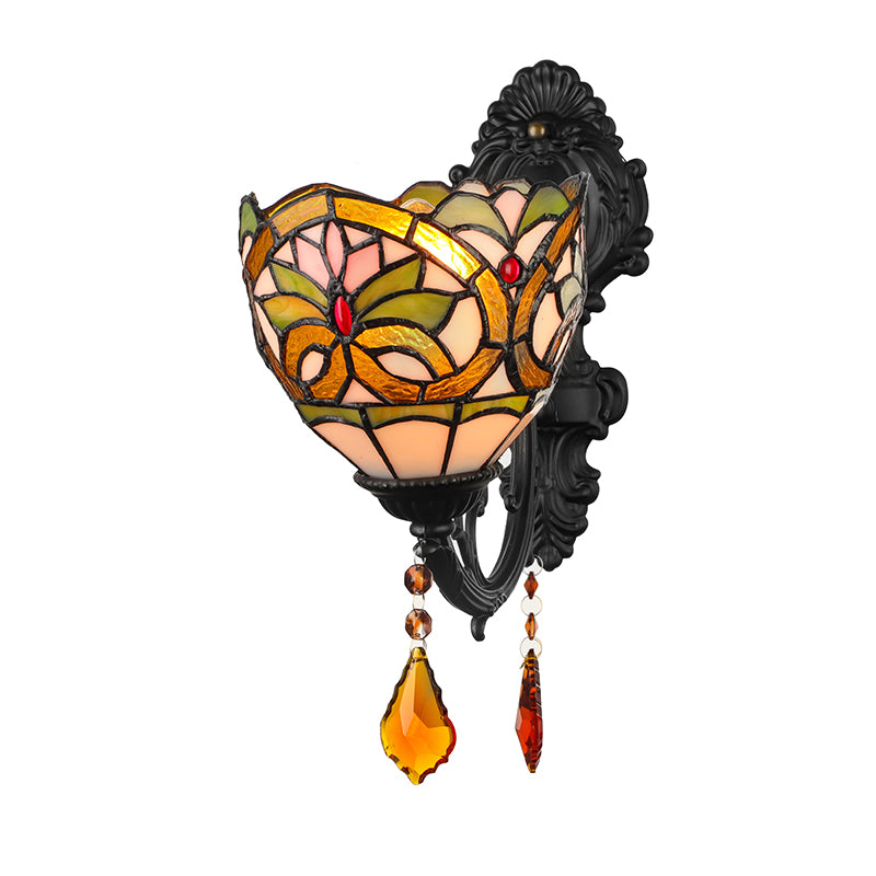 Lodge Bowl Shade Wall Sconce Lighting Fixture Stained Glass 1-Light Crystal Lighting Fixture Clearhalo 'Industrial' 'Middle century wall lights' 'Tiffany wall lights' 'Tiffany' 'Wall Lamps & Sconces' 'Wall Lights' Lighting' 185506
