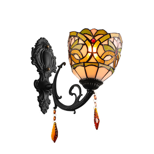 Lodge Bowl Shade Wall Sconce Lighting Fixture Stained Glass 1-Light Crystal Lighting Fixture Clearhalo 'Industrial' 'Middle century wall lights' 'Tiffany wall lights' 'Tiffany' 'Wall Lamps & Sconces' 'Wall Lights' Lighting' 185507