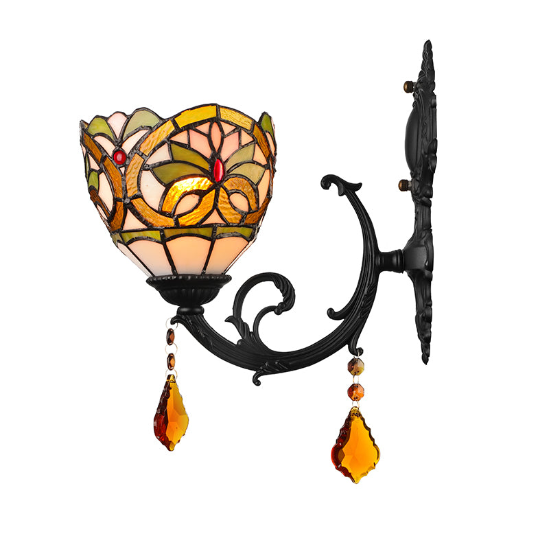 Lodge Bowl Shade Wall Sconce Lighting Fixture Stained Glass 1-Light Crystal Lighting Fixture Clearhalo 'Industrial' 'Middle century wall lights' 'Tiffany wall lights' 'Tiffany' 'Wall Lamps & Sconces' 'Wall Lights' Lighting' 185508