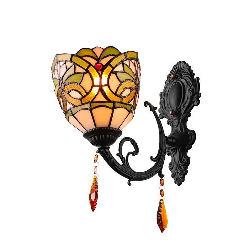 Lodge Bowl Shade Wall Sconce Lighting Fixture Stained Glass 1-Light Crystal Lighting Fixture Clearhalo 'Industrial' 'Middle century wall lights' 'Tiffany wall lights' 'Tiffany' 'Wall Lamps & Sconces' 'Wall Lights' Lighting' 185509