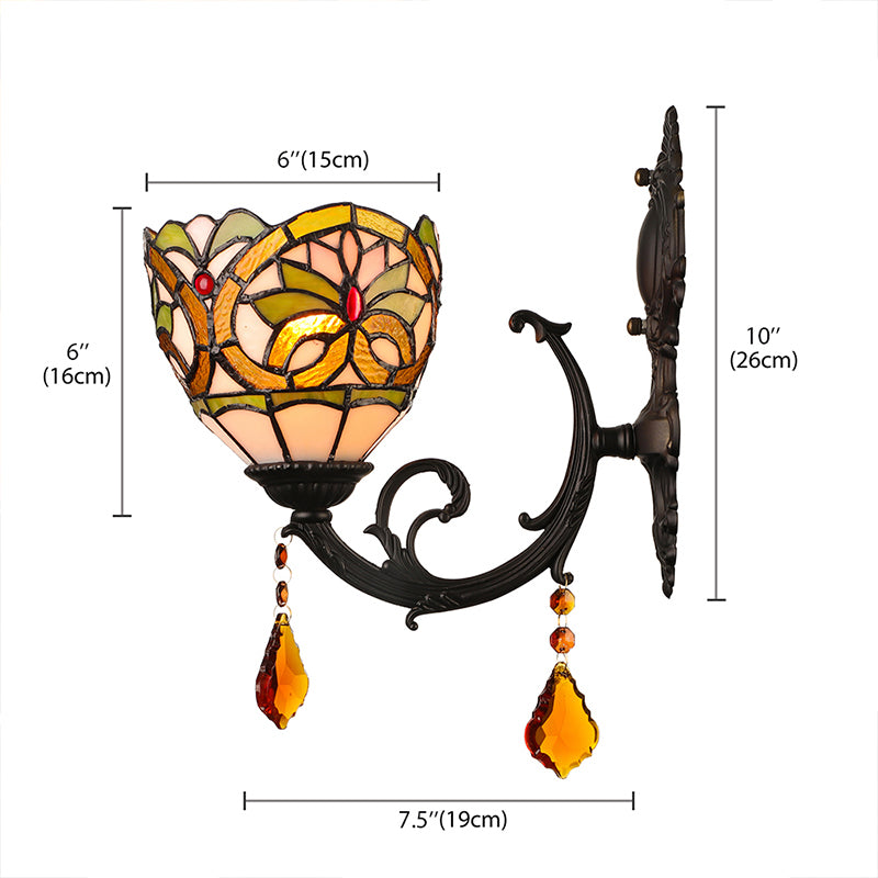 Lodge Bowl Shade Wall Sconce Lighting Fixture Stained Glass 1-Light Crystal Lighting Fixture Clearhalo 'Industrial' 'Middle century wall lights' 'Tiffany wall lights' 'Tiffany' 'Wall Lamps & Sconces' 'Wall Lights' Lighting' 185510