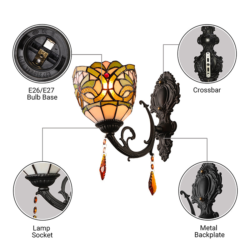 Lodge Bowl Shade Wall Sconce Lighting Fixture Stained Glass 1-Light Crystal Lighting Fixture Clearhalo 'Industrial' 'Middle century wall lights' 'Tiffany wall lights' 'Tiffany' 'Wall Lamps & Sconces' 'Wall Lights' Lighting' 185511