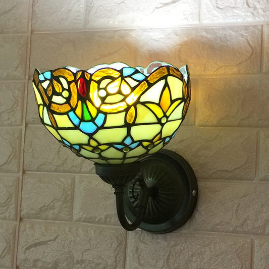 Baroque Bowl Sconce Light Fixture 1 Head Yellow/blue Glass Wall Mounted Light with Flower Pattern Yellow Clearhalo 'Industrial' 'Middle century wall lights' 'Tiffany wall lights' 'Tiffany' 'Wall Lamps & Sconces' 'Wall Lights' Lighting' 185528