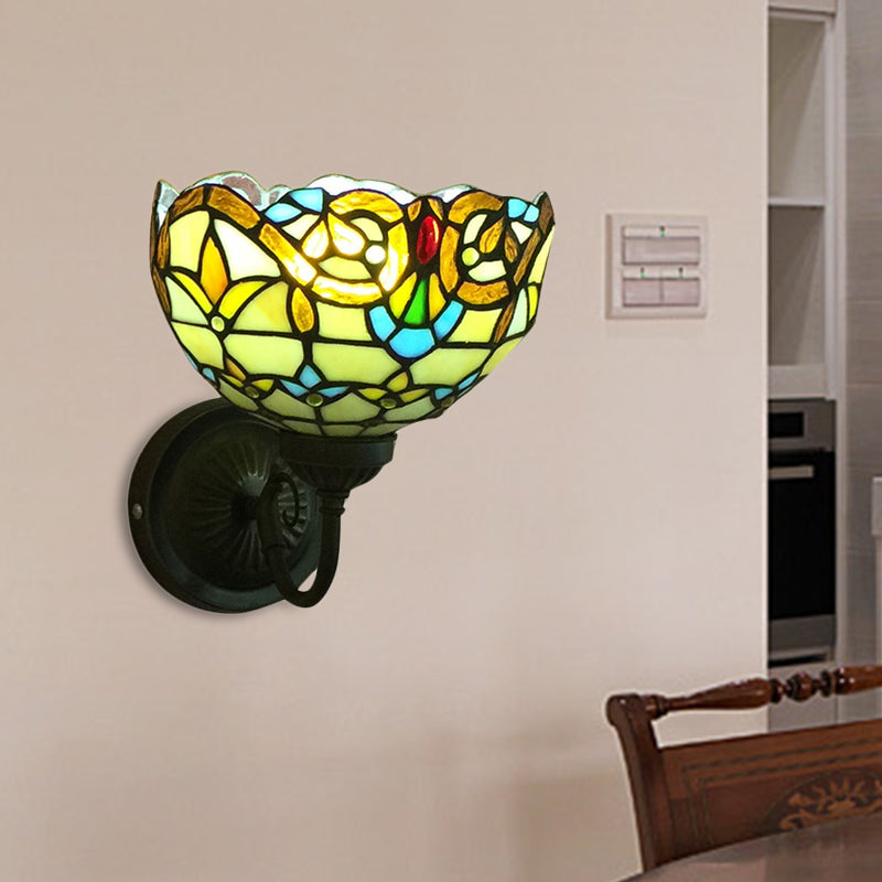 Baroque Bowl Sconce Light Fixture 1 Head Yellow/blue Glass Wall Mounted Light with Flower Pattern Clearhalo 'Industrial' 'Middle century wall lights' 'Tiffany wall lights' 'Tiffany' 'Wall Lamps & Sconces' 'Wall Lights' Lighting' 185529
