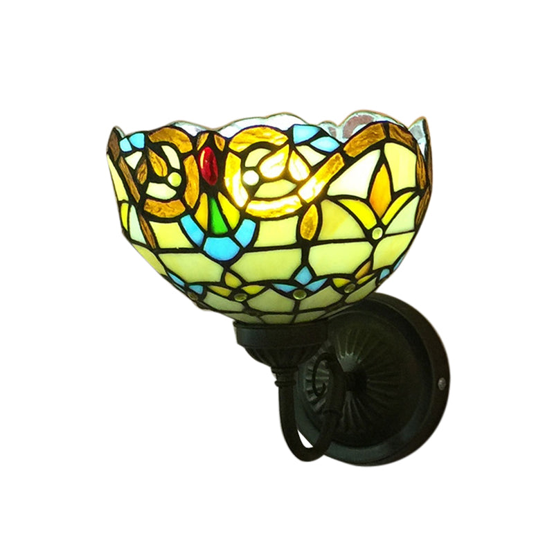 Baroque Bowl Sconce Light Fixture 1 Head Yellow/blue Glass Wall Mounted Light with Flower Pattern Clearhalo 'Industrial' 'Middle century wall lights' 'Tiffany wall lights' 'Tiffany' 'Wall Lamps & Sconces' 'Wall Lights' Lighting' 185530