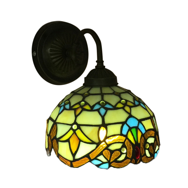 Baroque Bowl Sconce Light Fixture 1 Head Yellow/blue Glass Wall Mounted Light with Flower Pattern Clearhalo 'Industrial' 'Middle century wall lights' 'Tiffany wall lights' 'Tiffany' 'Wall Lamps & Sconces' 'Wall Lights' Lighting' 185531