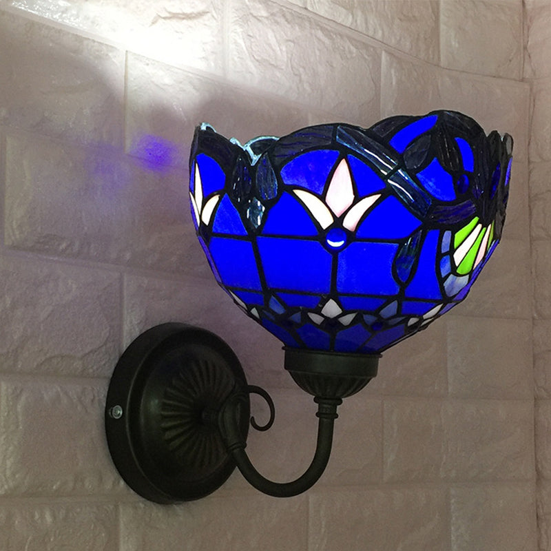 Baroque Bowl Sconce Light Fixture 1 Head Yellow/blue Glass Wall Mounted Light with Flower Pattern Blue Clearhalo 'Industrial' 'Middle century wall lights' 'Tiffany wall lights' 'Tiffany' 'Wall Lamps & Sconces' 'Wall Lights' Lighting' 185534