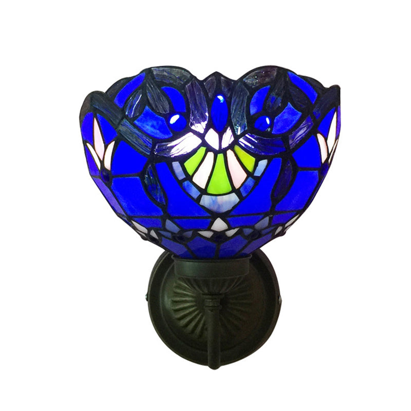 Baroque Bowl Sconce Light Fixture 1 Head Yellow/blue Glass Wall Mounted Light with Flower Pattern Clearhalo 'Industrial' 'Middle century wall lights' 'Tiffany wall lights' 'Tiffany' 'Wall Lamps & Sconces' 'Wall Lights' Lighting' 185536