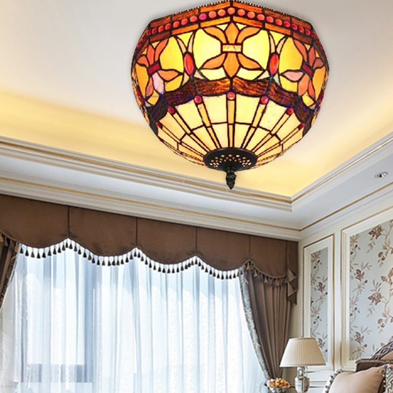 Industrial Vintage Bowl Flush Mount Stained Glass 2 Lights Flush Ceiling Lights Clearhalo 'Ceiling Lights' 'Close To Ceiling Lights' 'Close to ceiling' 'Flush mount' Lighting' 185590