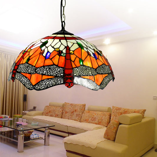 Dragonfly Ceiling Light 2 Heads Orange Hand Cut Glass Victorian Suspended Lighting Fixture Clearhalo 'Ceiling Lights' 'Industrial' 'Middle Century Pendants' 'Pendant Lights' 'Pendants' 'Tiffany close to ceiling' 'Tiffany Pendants' 'Tiffany' Lighting' 185606