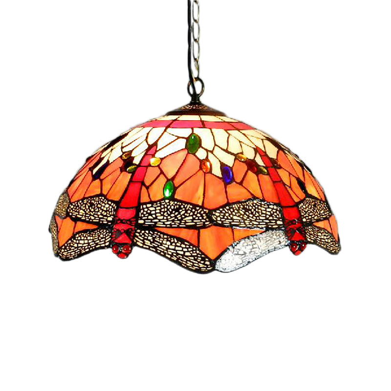 Dragonfly Ceiling Light 2 Heads Orange Hand Cut Glass Victorian Suspended Lighting Fixture Clearhalo 'Ceiling Lights' 'Industrial' 'Middle Century Pendants' 'Pendant Lights' 'Pendants' 'Tiffany close to ceiling' 'Tiffany Pendants' 'Tiffany' Lighting' 185607