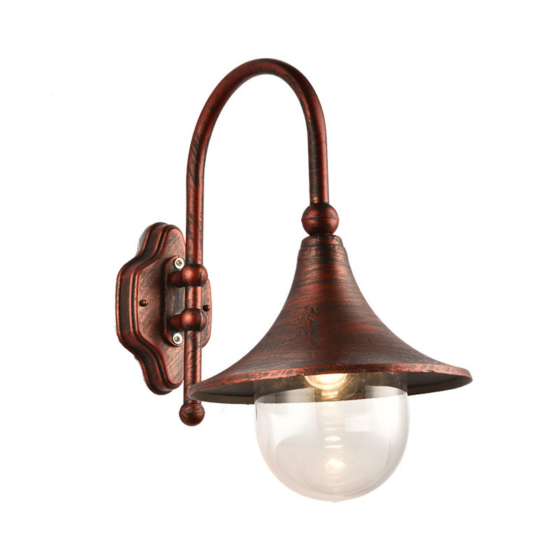 Flared Shade Metal Wall Lamp Industrial 1 Light Balcony Wall Mount Light with Clear Glass Shade in Black/Rust Finish Clearhalo 'Art deco wall lights' 'Cast Iron' 'Glass' 'Industrial wall lights' 'Industrial' 'Middle century wall lights' 'Modern' 'Rustic wall lights' 'Tiffany' 'Traditional wall lights' 'Wall Lamps & Sconces' 'Wall Lights' Lighting' 185641
