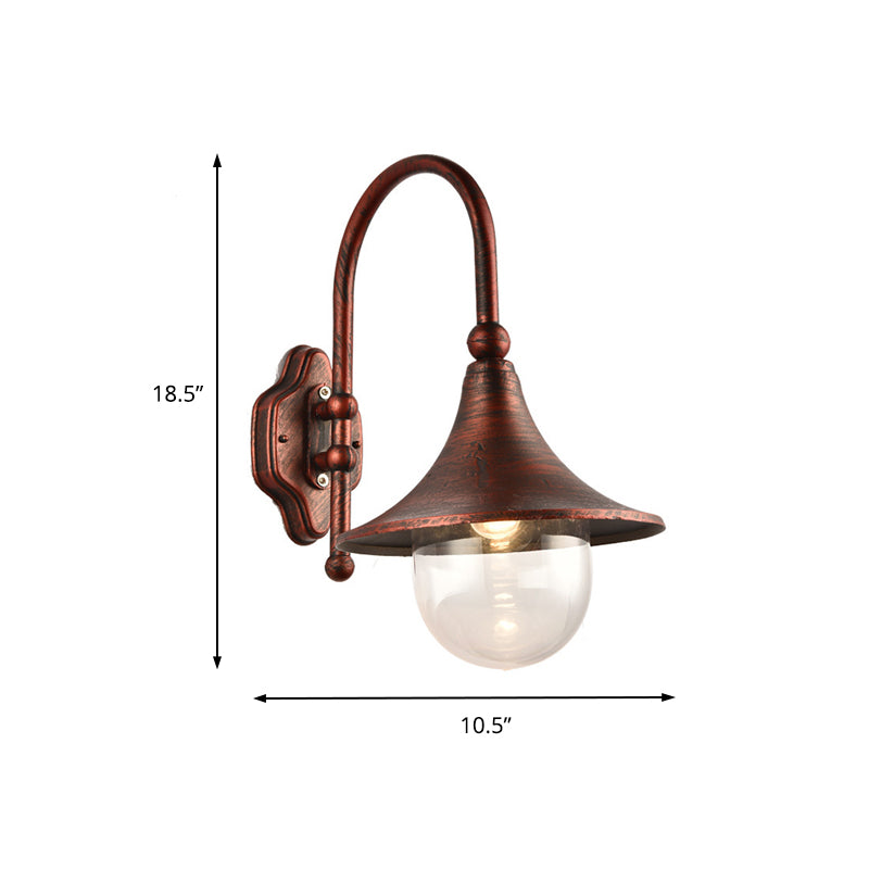 Flared Shade Metal Wall Lamp Industrial 1 Light Balcony Wall Mount Light with Clear Glass Shade in Black/Rust Finish Clearhalo 'Art deco wall lights' 'Cast Iron' 'Glass' 'Industrial wall lights' 'Industrial' 'Middle century wall lights' 'Modern' 'Rustic wall lights' 'Tiffany' 'Traditional wall lights' 'Wall Lamps & Sconces' 'Wall Lights' Lighting' 185642