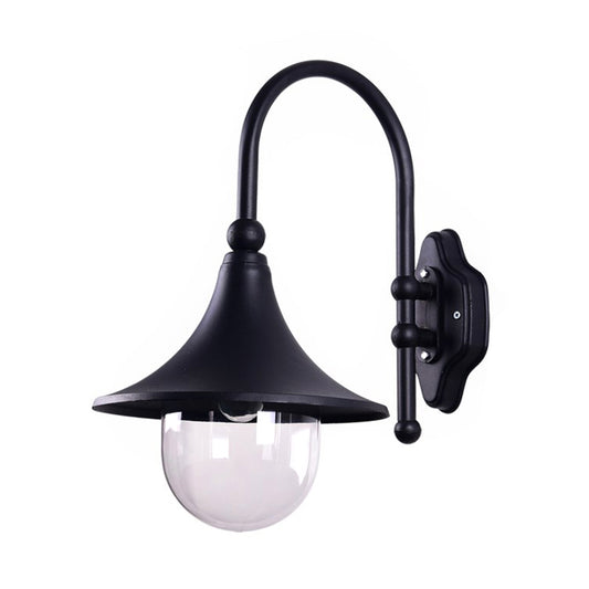 Flared Shade Metal Wall Lamp Industrial 1 Light Balcony Wall Mount Light with Clear Glass Shade in Black/Rust Finish Clearhalo 'Art deco wall lights' 'Cast Iron' 'Glass' 'Industrial wall lights' 'Industrial' 'Middle century wall lights' 'Modern' 'Rustic wall lights' 'Tiffany' 'Traditional wall lights' 'Wall Lamps & Sconces' 'Wall Lights' Lighting' 185645