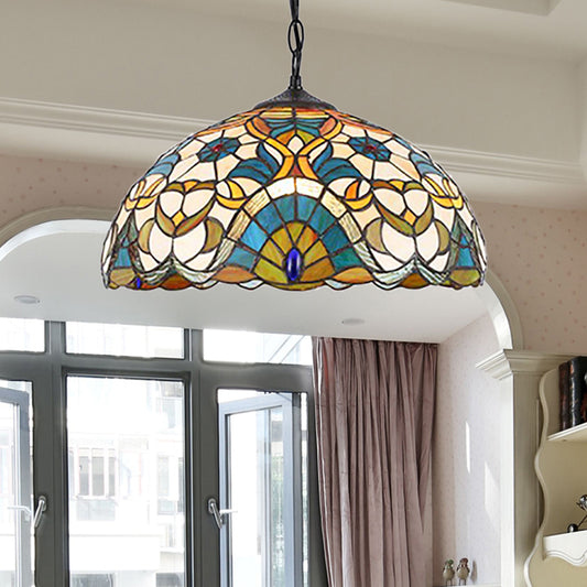 Dome Pendant Light with Peacock Design Single Light Stained Glass Tiffany Suspension Light - Orange - Clearhalo - 'Ceiling Lights' - 'Industrial' - 'Middle Century Pendants' - 'Pendant Lights' - 'Pendants' - 'Tiffany close to ceiling' - 'Tiffany Pendants' - 'Tiffany' - Lighting' - 185704