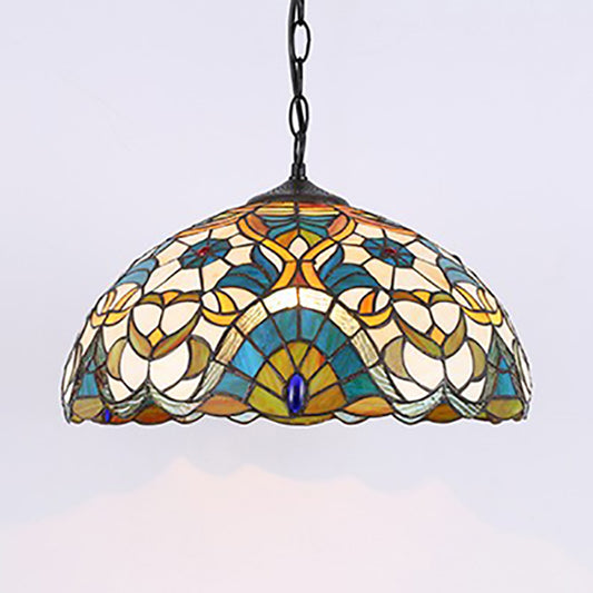 Dome Pendant Light with Peacock Design Single Light Stained Glass Tiffany Suspension Light - Clearhalo - 'Ceiling Lights' - 'Industrial' - 'Middle Century Pendants' - 'Pendant Lights' - 'Pendants' - 'Tiffany close to ceiling' - 'Tiffany Pendants' - 'Tiffany' - Lighting' - 185705