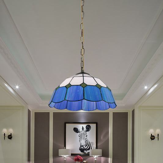 Domed Ceiling Light Tiffany 1 Head Yellow/Blue Handcrafted Art Glass Suspended Lighting Fixture, 12"/16" Wide Clearhalo 'Ceiling Lights' 'Industrial' 'Middle Century Pendants' 'Pendant Lights' 'Pendants' 'Tiffany close to ceiling' 'Tiffany Pendants' 'Tiffany' Lighting' 185759